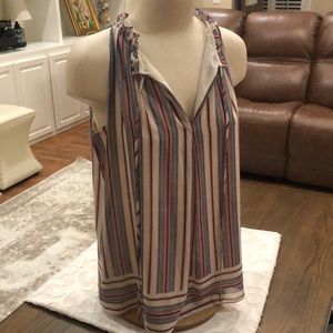Navy/ salmon pink striped top with ruffle v neck and neck tie